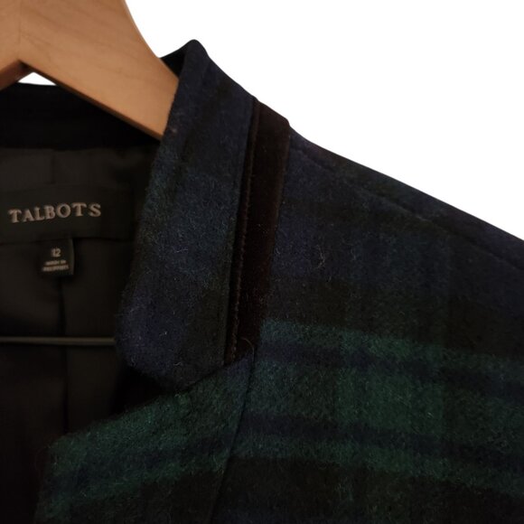 Talbots Black Watch Velvet Trim Plaid Blue & Green Holiday Wool Blend Blazer 12 - Picture 7 of 10